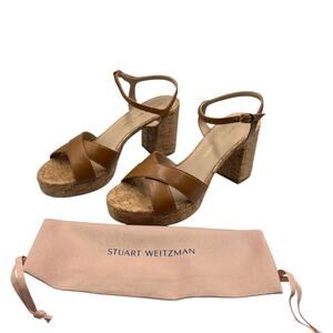 Stuart Weitzman Dayna Cork Block Heel Platform Sandals Macchiato Brown 10B